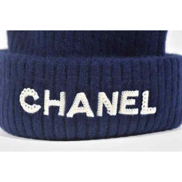 Chanel 22B Cashmere Navy Blue White Sequin CC Logo Beanie Winter Hat Cap Cloche main image 5